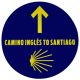 Yellow stylised scallop shell with text 'CAMINO INGLÉS TO SANTIAGO' on blue background
