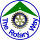 Waymark: White disc/yellow Rotary symbol/green arrrow