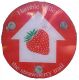 Strawberry logo on red markers/riverside information panels