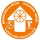 Waymark: Orange wheel inside direction arrow with path name on orange background
