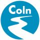 'Coln' and stylised river in white on a blue background